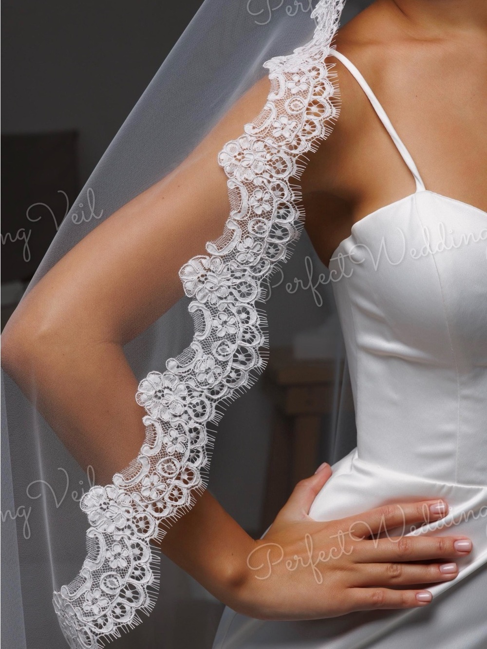 Bridal Lace-Edged Cathedral Veil in light ivory  -